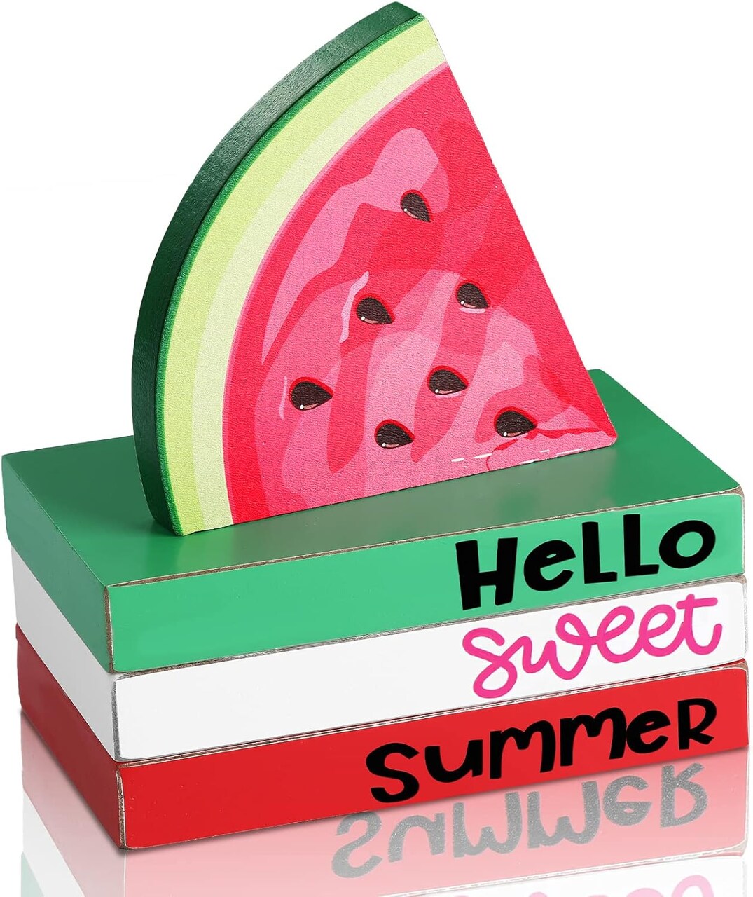 4-Piece Summer Watermelon Table Decor – Hello Sweet Summer Wooden Stacked Books & Tiered Tray Centerpiece for Home, Office & Kitchen Farmhouse Decor